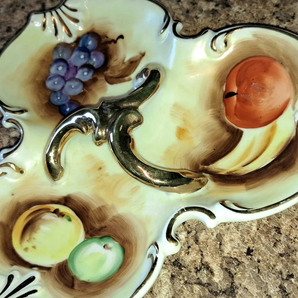 Enesco Divided Candy Nut Dish Server Gold Handle Painted Fruit Victorian Vintage